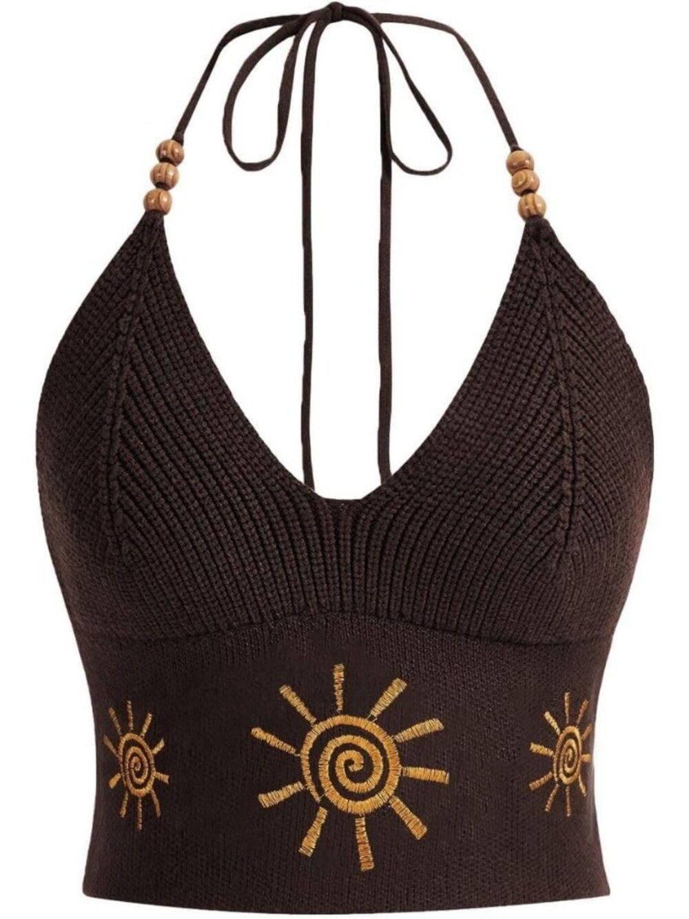 Women's Brown Embroidery Crop Top Western V-Neck Ribbed Knit Cowgirl Shirts